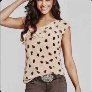 CABI Playful Me Ruffle Neck Blouse Size XSMALL Beige Floral Leaf Flutter Chiffon